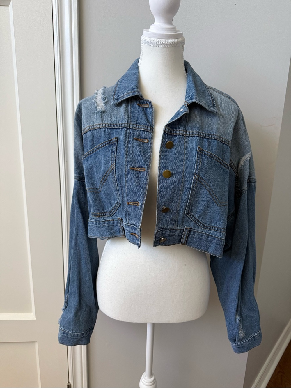 Fashion Nova Light Blue Cropped Distressed Denim Jacket